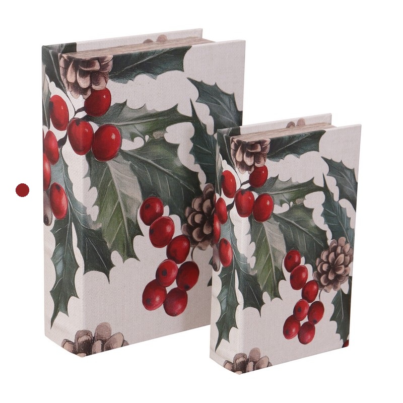 Scatola libro decorata con agrifoglio con interno vellutato e chiusura magnetica, perfetta come idea regalo di Natale